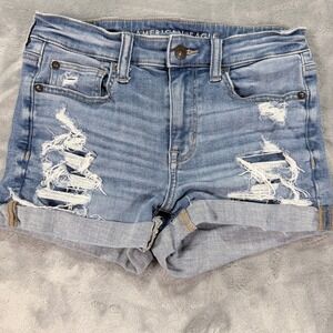 American‎ Eagle Hi Rise Shortie Denim Jean Shorts Distressed Cuffed Size 2
